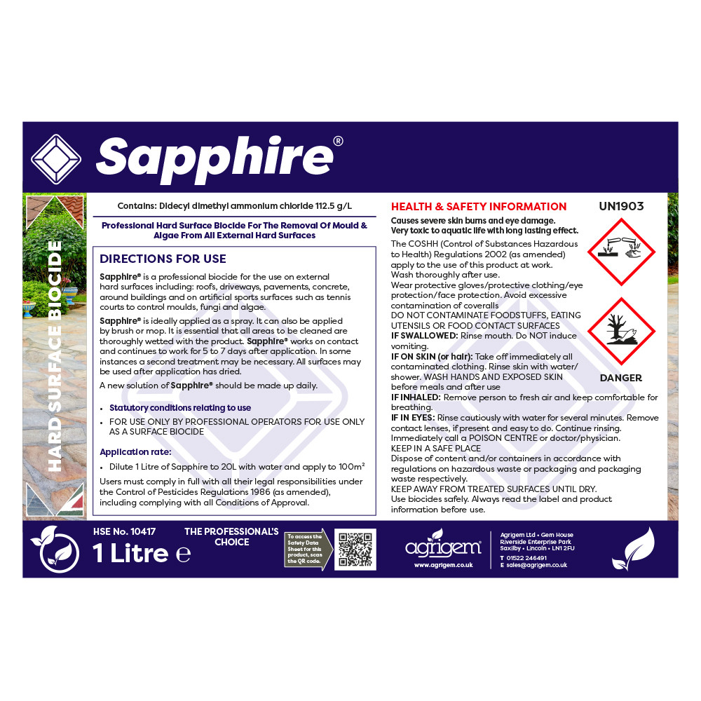 1L Sapphire Moss Killer & Hard Surface Cleaner For Mould, Grime & Algae